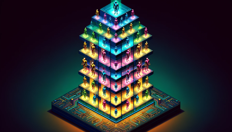 A tower of multicolored humanoid robots atop a circuit board.