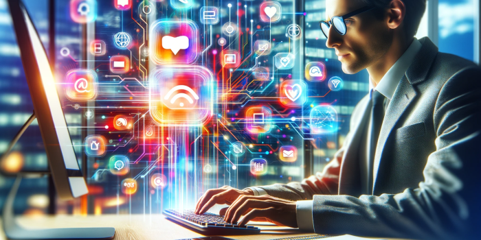 A masculine presenting white collar worker with glasses wearing a gray tweed suit sits at a desk typing on a wireless keyboard in front of a large thin square external monitor while colorful holographic app icons hover above his fingers.