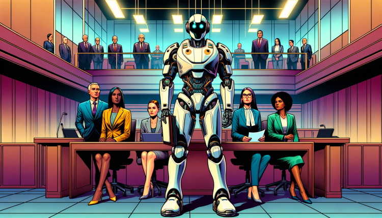 A robot lawyer holds a document in front of a counsel bench in a courtroom in a graphic novel style image.