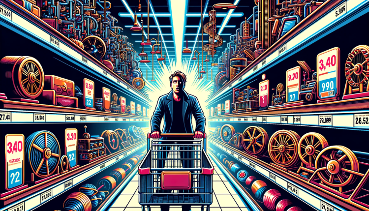 A masculine presenting figure pushes a shopping cart through a hardware store filled with coils and other gadgets.