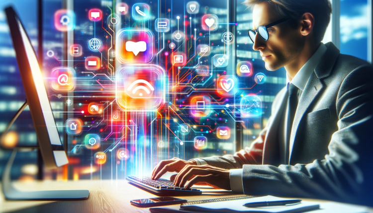 A masculine presenting white collar worker with glasses wearing a gray tweed suit sits at a desk typing on a wireless keyboard in front of a large thin square external monitor while colorful holographic app icons hover above his fingers.