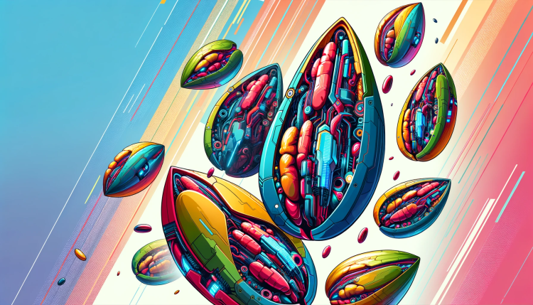 Colorful pecans with cybernetic and circuit interiors against a rainbow backdrop.