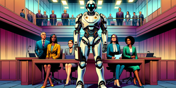 A robot lawyer holds a document in front of a counsel bench in a courtroom in a graphic novel style image.