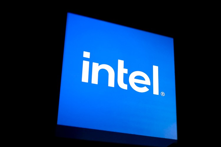 Intel logo exhibited at Intel stand during the Mobile World Congress (MWC) the biggest trade show of the sector focused on mobile devices, 5G, IOT, AI and big data, celebrated in Barcelona, on March 3, 2022 in Barcelona, Spain.
 (Photo by Joan Cros/NurPhoto via Getty Images)