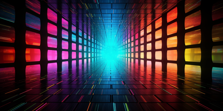 A brightly lit space meant to look like a holodeck