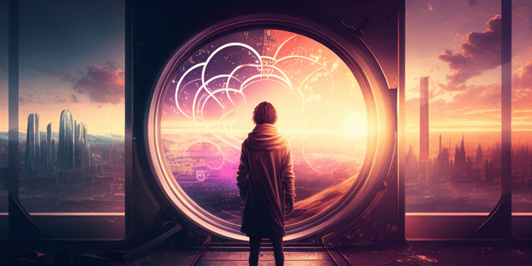 Person standing at glowing portal. Metaverse concept