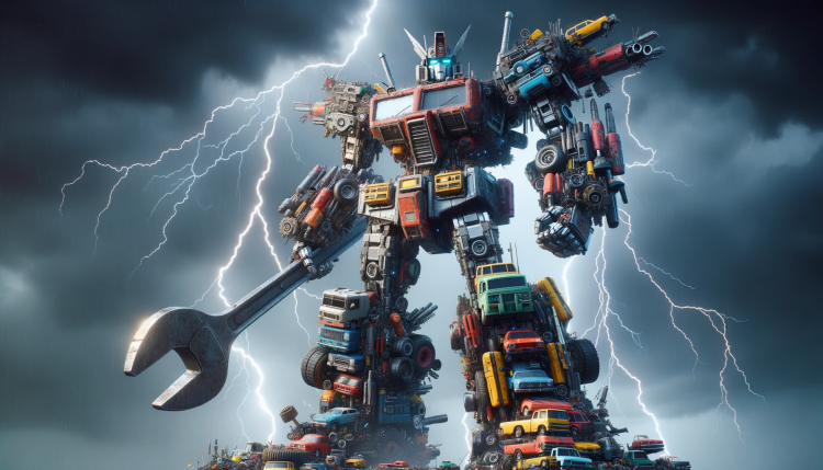 Illustration of a large robot made up of small colorful cars and vehicles, holding a giant wrench against a lighting filled dark cloudy sky.