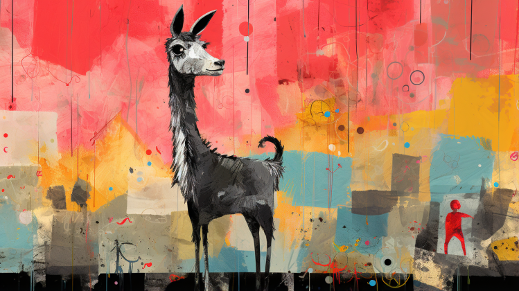 A colorful collage style digital painting of a cute black and white llama standing upright in front of a red and yellow and aqua abstract background.