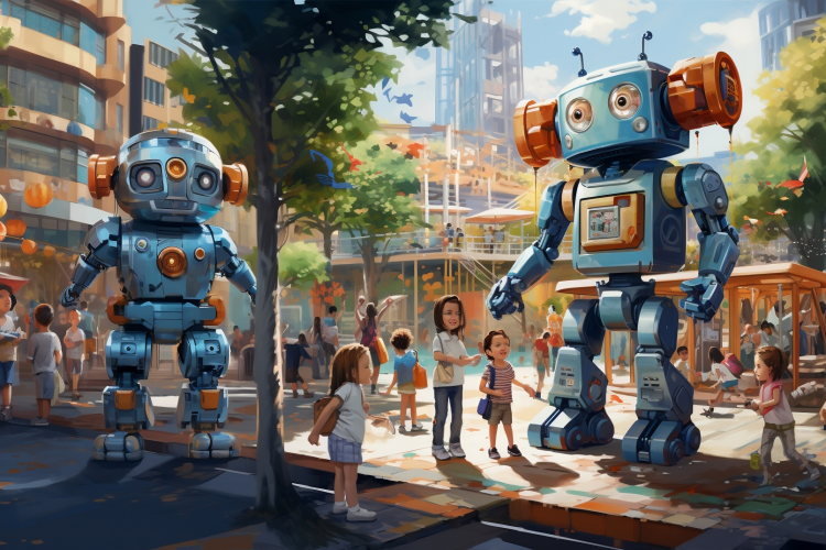 Watercolor style illustration of robots in a children's playground.
