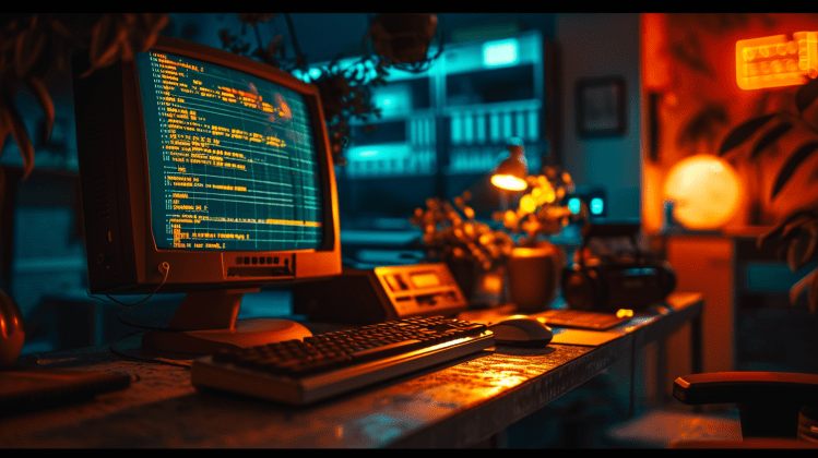 Retro early 1980s PC on a desk in a dark office.