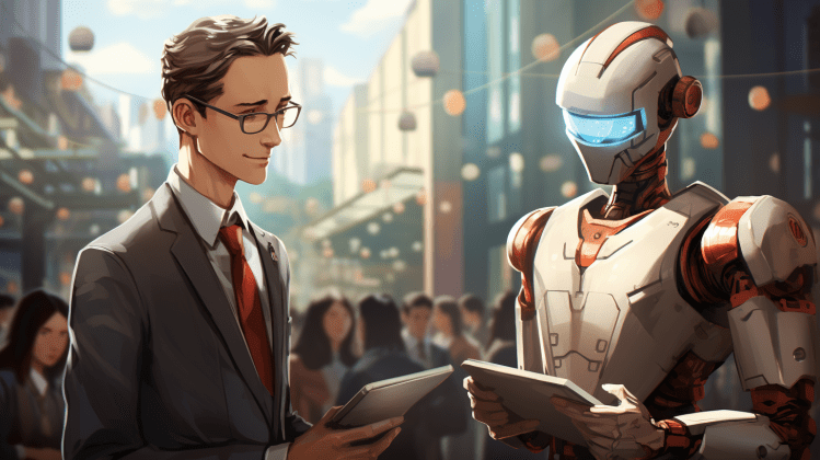 A masculine presenting person in a gray suit and red necktie with square glasses and clean shaven face and short hair stands beside a boxy white and orange robot with blue visor. Both hold clipboards.
