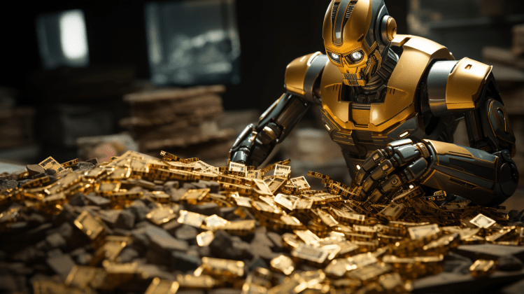 A robot sorts gold bars.