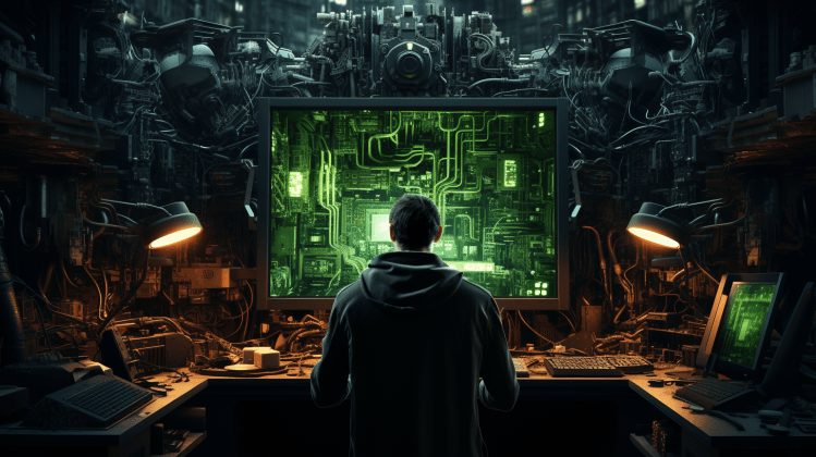 Silhouette of a masculine figure seated in a chair at a desk facing a large monitor glowing green revealing circuitry on the wall behind it.