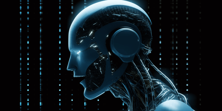 A robot opens its mouth in front of a background of glowing blue droplets.