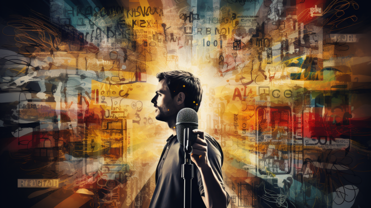 Digital art showing monochrome masculine figure with a microphone in front of a radiant backdrop of light and strange alphabets