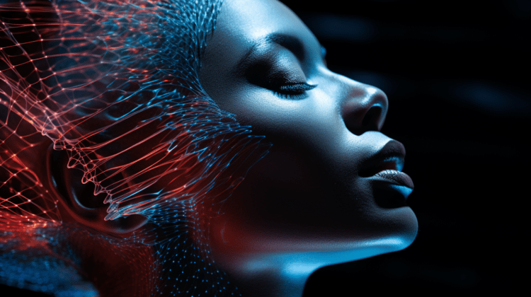 A feminine presenting person's face with eyes closed, hair covered by a fiber optic red and blue net