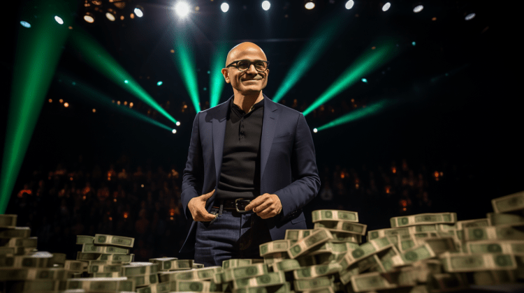 Digital AI illustration of Microsoft CEO Satya Nadella standing on stage before stacks of green dollar bills.