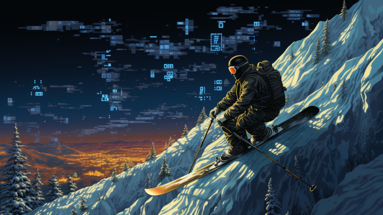 A skier races down a snowy mountainside with glowing blue computer code hovering in the night sky.