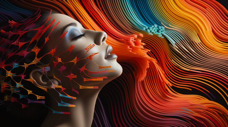 Feminine presenting person tilts head back and opens mouth slightly surrounded by multicolored lines and shapes.
