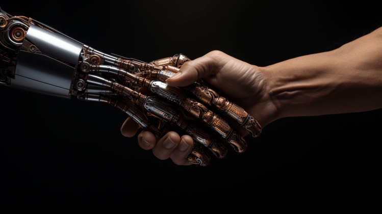 A robotic hand shakes a human hand in front of a black backdrop.