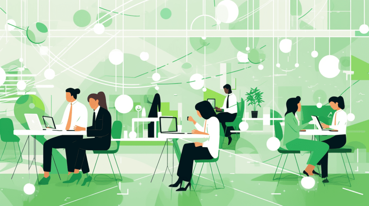 Vector illustration of white collar workers seated at desks typing on laptops in open plan office of pastel green hues.