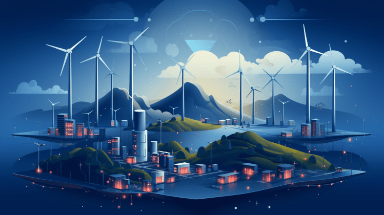 Digital art of a landscape with buildings emitting soft orange glow from their windows and tall wind turbines rising high above a