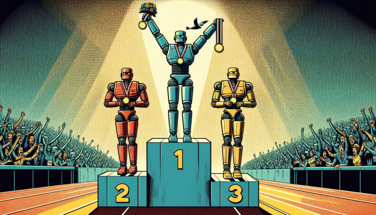 Three robots stand on pedestals at an Olympic medal ceremony, colored red, blue, and yellow respectively. The middle blue robot has received first place and raises its arms triumphantly holding a medal and trophy.