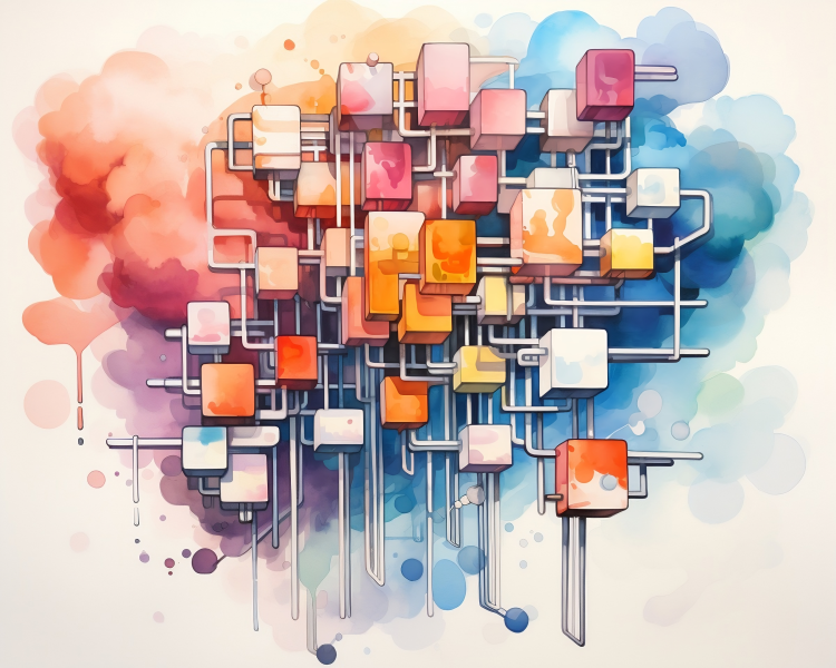 Abstract painting of an open-source distributed NoSQL database cluster architecture.