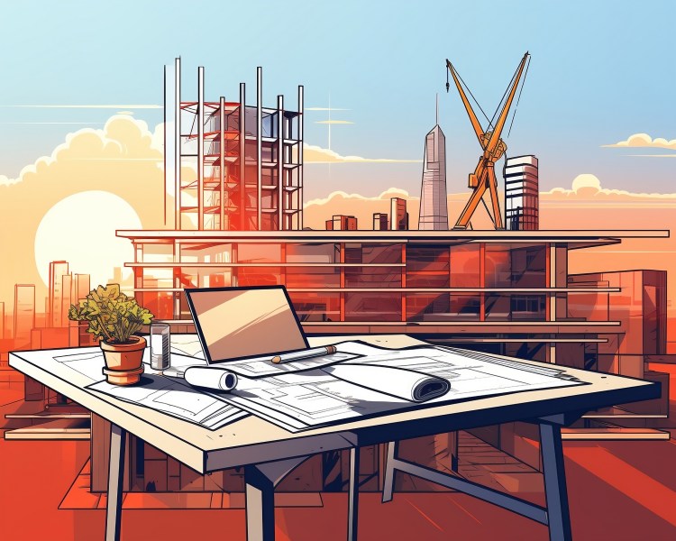 Vector art of an architect's desk designing a building
